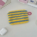 Close-up of yellow and blue striped plush cosmetic pouch with pink hanging loop - Yellow Plaid