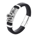 Detailed view of black braided leather bracelet featuring silver dragon scale metal clasp - Snake