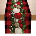 Polyester table runner with red black plaid pattern and festive Christmas wreath motif - Red Black Gingham & Wreath