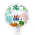 18-inch white round foil balloon with cartoon dinosaurs and Happy Dino Birthday text - Monstera Leaf Birthday Dinosaur Style
