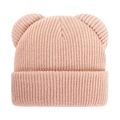 Close-up of baby pink knit beanie featuring cute 3D bear ears and ribbed texture - Pink