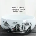 White ceramic lotus bowl with landscape painting, 19.5cm diameter for hydroponic plants - White Porcelain-Deep Mountain Water