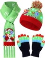 Ensemble Noël LED vert avec écharpe, bonnet et gants tricotés, motifs Père Noël et neige - Ensemble Bonnet & Écharpe Père Noël Doigt