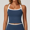 Débardeur de yoga bleu foncé avec bordure blanche et legging de sport en tissu élastique - S / Bleu Marine