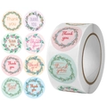Roll of assorted floral Thank You stickers with eight colorful circular wreath designs - Diverse Wreath Combo