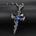 Kreuzanhänger mit silbernen Schlangenflügeln und einem zentralen blauen Herz-Edelstein - Blauer Edelstein Flügel Schlange Schwert Anhänger (Ohne Kette)