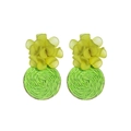 Close-up of yellow 3D flower and green raffia woven round disc earring details - Yellow Flower Green Woven Disc Earrings