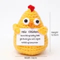 Detail view of handmade crochet yellow chick toy with dimensions 12.5cm by 14cm - Chicken Small