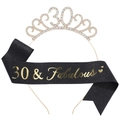 30th Birthday Set: Crystal Rhinestone Tiara and Black Glitter 30 & Fabulous Sash - One Size / 30th (Glitter) / Black/Gold
