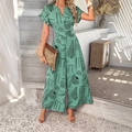 Green short sleeve wide leg jumpsuit with black abstract print and high waist button detail - S / Green