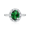 Classic oval emerald green gemstone ring with white crystal halo in silver finish - Adjustable Open / Green Zirconia