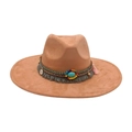 Light brown felt fedora hat featuring boho turquoise stone and ethnic tassel trim - One Size / Khaki