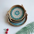 Set of 3 round rattan trays with shell inlay pattern and wooden handles for home storage - Blue Heart / Three-Piece Set
