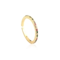 Detail of gold open ring featuring a row of vibrant multi-color micro-set zircon stones - Adjustable Open / Colorful