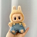 Mini plush rabbit hood and denim overalls outfit for Labubu vinyl pendant doll accessory - Denim Overalls / First And Second Generation Keychains Are Compatible With La Cloth Dolls. Dolls Not Included.