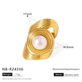 Detail view of gold textured stainless steel ring with a 10mm white pearl and dimensions - Ripple Pearl Style (NB-R24336)