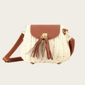 Beige straw crossbody bag with brown leather flap, tassels and adjustable strap - Bell Cream White