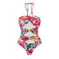 Bloemen badpak uit één stuk met halternek, kleurrijke kralen en uitsparingen - S / Beaded Halter Badpak uit één stuk met uitsparingen
