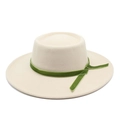Elegant off-white wool felt boater hat featuring a green velvet ribbon band decoration - Beige