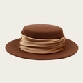 Dark brown wool felt boater hat with champagne satin band and elegant flat top design - M / Coffee (Winter Wool Hat)