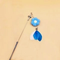 Cat wand toy with long metal rod, blue plush flower charm, and feathers for interactive play - Blue Fairy Flower