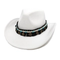 Chapeau de cowboy en feutre blanc avec perles turquoise et ruban ethnique à pompons - M (56-58cm) / Blanc