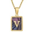 Golden rectangular necklace featuring dark shell inlay with a 3D letter V pendant - Colorful Shell V