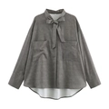 Women's gray pinstripe long sleeve shirt with bow tie neck and large front pockets - XS / Gray