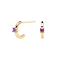 Detail view of gold-plated C-shape earrings with purple zircon in a four-prong setting - C-shaped Simple Solitaire Studs