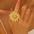 Statement oversized sunflower ring in golden stainless steel for women on finger - Gold (N-742)
