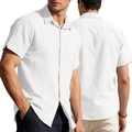 Men's slim-fit white short-sleeve button-down shirt with classic lapel collar - S / White