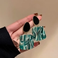 Geometric drop earrings with black oval top and green marble resin square pendant - 79# Silver Needle - Green - Square Dangle