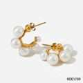 Golden C-shaped stainless steel hoop earrings decorated with assorted white pearls - Gold (KDE1709)
