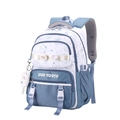 Cute student backpack in blue and white contrast with cartoon bear and plush charm - With Charm / Blue