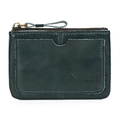 Dark cyan genuine crazy horse leather coin purse with front pocket and metal zipper - Blue Oil Leather
