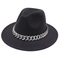 Detail of black fedora hat with silver chain and colorful crystal embellishments - Dark Gray