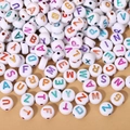 White circular acrylic beads with colorful alphabet letters for DIY jewelry making - 4x7mm White With Colored Gold Letters (100pcs)