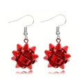 Detailed view of festive red gift bow earrings with shiny metallic finish and silver hooks - #7