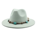 Detail of sage green wool fedora hat featuring bohemian turquoise beaded headband - M (56-58cm) / Mint Green
