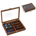 Black leather 8-slot watch and sunglasses display case with clear window and metal lock - 8-Slot Walnut Eyewear (Coffee)