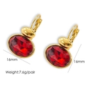 Detailed view of gold oval earrings with red faceted stones showing 16mm width measurements - Burgundy