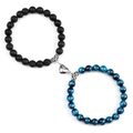 Braccialetti di coppia magnetici cuore in pietra lavica nera e occhio di tigre blu - Pietra Lavica + Occhio di Tigre Blu Pavone