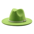 Detail of green wool felt fedora hat featuring a beige leather band with golden buckle - Fluorescent Green