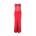 Detail van rode strapless maxi-jurk met geplooid lijfje en doorschijnende mesh-taille - S / Rood