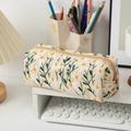 Canvas makeup bag in beige with daisy embroidery and metal zipper for travel - Beige Rectangular Pencil Case