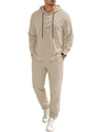 Men's khaki linen two-piece set featuring hooded long sleeve shirt and matching pants - Khaki