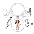 Nurse themed keychain with cartoon glass pendant, syringe, and stethoscope charms - Q Version Cute Nurse