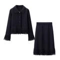 Conjunto de dos piezas de punto negro para mujer con cárdigan de malla y flecos - S / Negro