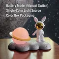 Space rabbit astronaut desk lamp with pink glowing planet and lunar crater base - Gold C-Style Rabbit - Battery Version (No.10)