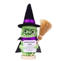Crocheted witch pickle doll with hat and broom on wooden stand for emotional support - Cloaked Pickle + Hat + Glasses + Broom + Base